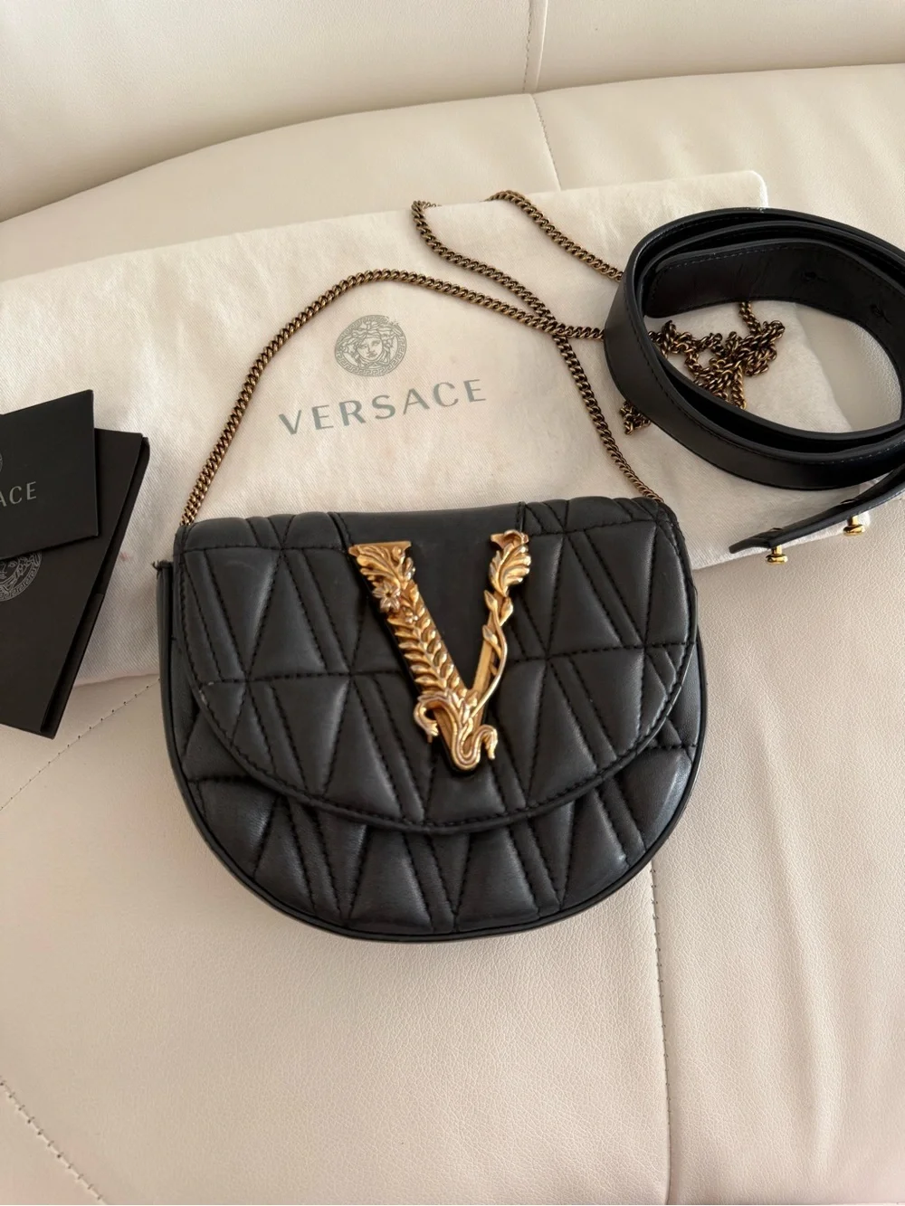 Versace Black Quilted Leather Crossbody with Gold V Accent
